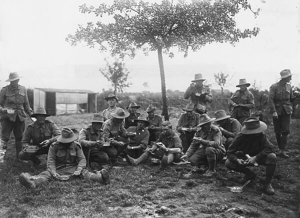 Australian troops at dinner, Fleurbaix, France, WW1