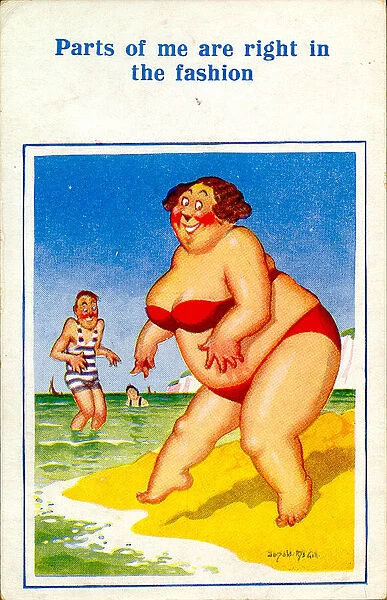 Comic postcard, Large woman in red bikini at the seaside Date: 20th century