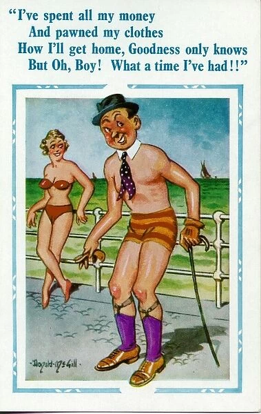Comic postcard, Man has fun at the seaside