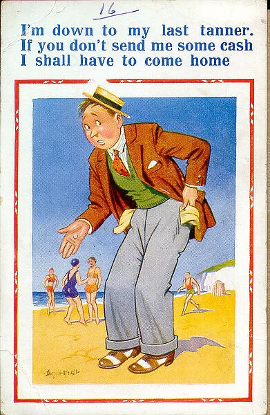 Comic postcard, Man short of money at the seaside Date: 20th century