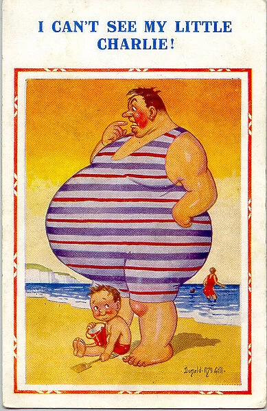 Comic postcard - plump man on the beach - I Can t See My Little Charlie Date