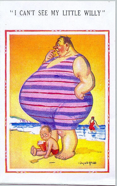 Comic postcard - plump man on the beach - I Can t See My Little Willy Date