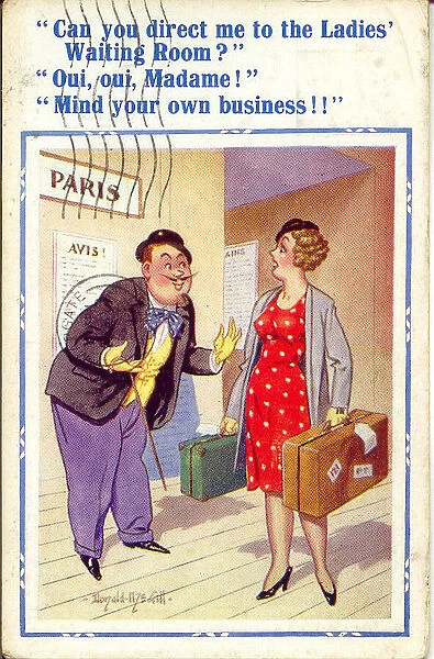 Comic postcard, Woman travelling in Paris - a helpful Frenchman Date: 20th century