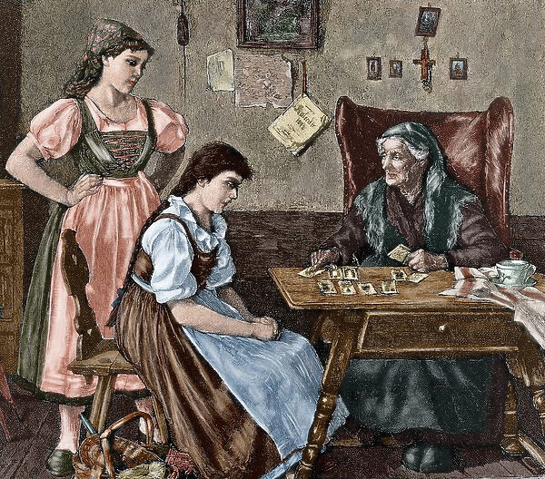 At fortune tellers house. Engraving. Colored