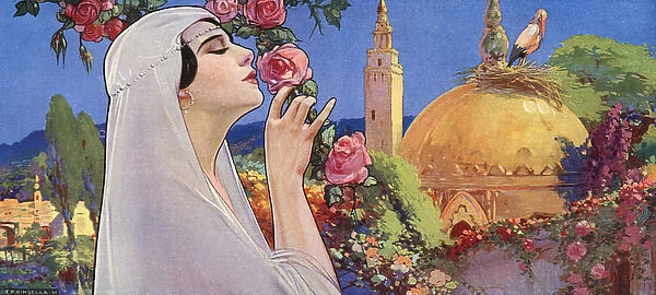 A middle eastern princess smelling roses in a garden