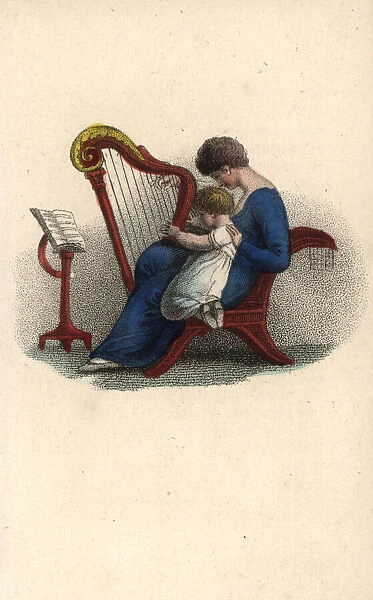 Mother teaching her child to play the harp in a music lesson