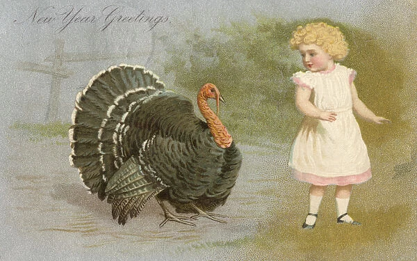 New Years Greetings postcard, with turkey and child