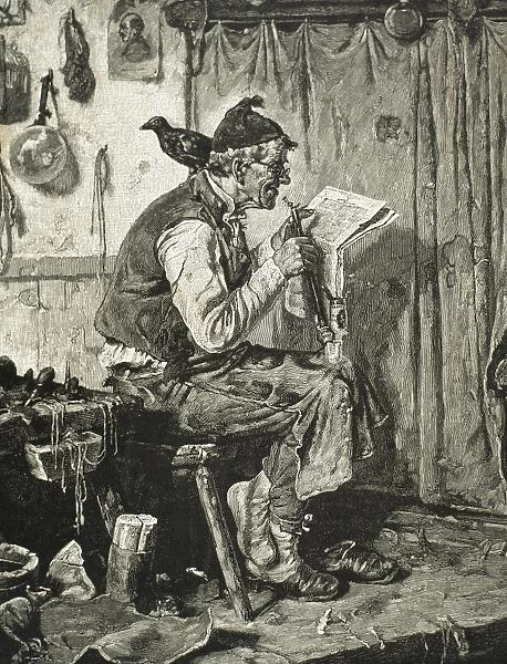Old man reading the newspaper. Engraving. 19th century. Spai