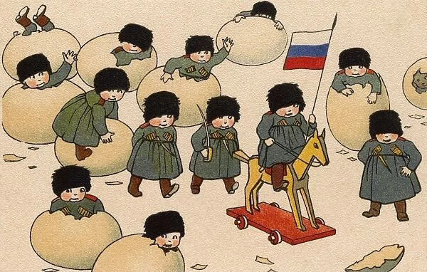 Russian Soldiers hatching out of eggs - Easter Postcard
