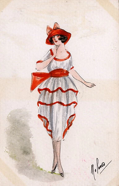 Stylish French Girl in red and white dress and red hat