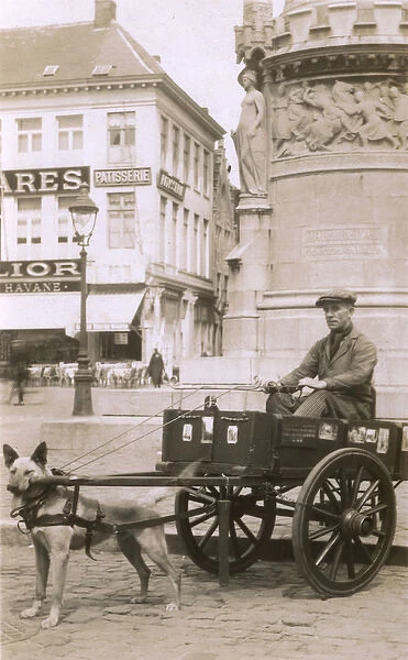 Vendor with dog cart, Market Square, Bruges, Belgium