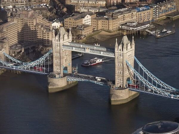 Aerial of Tower Bridge, London, England, United Kingdom, Europe