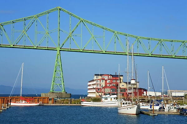 Yacht marina and Astoria Bridge over the Columbia River, Oregon, United States of America