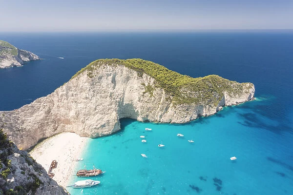 Elevated view of Navagio beach, also known as Shipwreck Beach, Zakynthos, Ionian islands