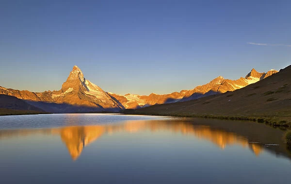 Placid alpine lake thats reflecting the Matterhorn in the golden light of sunrise