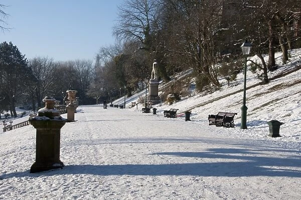 Snow covered parkland, Avenham Park, Preston, Lancashire, England, december