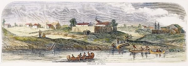CHICAGO  /  FT. DEARBORN, 1820. Fort Dearborn on the site of Chicago, Illinois, as it appeared c1820. Wood egraving, American, late 19th century