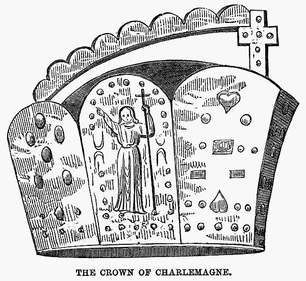 CROWN OF CHARLEMAGNE. Crown of Charlemagne (742-814). English wood engraving, 19th century