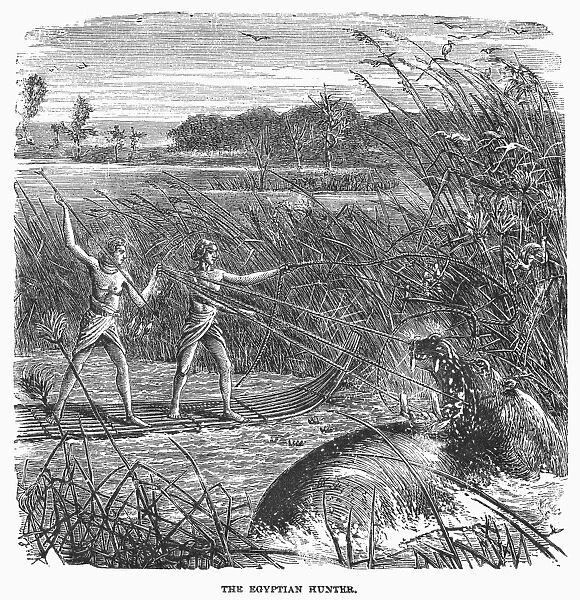 EGYPTIAN HUNTERS. Ancient Egyptians hunting a hippopotamus. 19th century line engraving