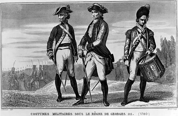 ENGLAND: UNIFORMS, 1780. English military uniforms in 1780, at the time of the American Revolution. Line engaving, French, 19th century