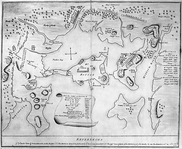 Engraved map of Charlestown (now part of Boston), Massachusetts, marking rebels redoubts and works, 28 November 1775