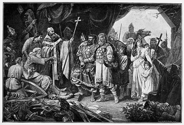 HENRY I (876-936). Called Henry the Fowler. First Saxon king of Germany, 919-936. Defeated Wend leaders brought before Henry (seated at left) to be given the choice of Christianity or death. Wood engraving, 19th century