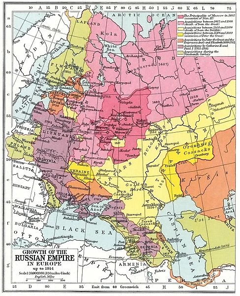 MAP: EXPANSION OF RUSSIA. Map showing the territorial expansion of the Russian Empire in Europe up to 1914