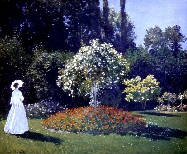 MONET: JEANNE  /  GARDEN, 1867. Claude Monet: Jeanne Marguerite LeCadre in the Garden. Oil on canvas, 1867