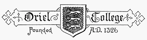 OXFORD: COAT OF ARMS. Coat of arms of Oriel College, Oxford University, Oxford, England. Wood engraving, English, c1885