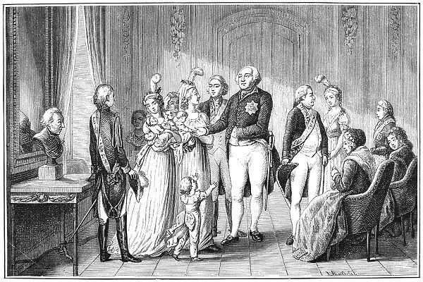 PRUSSIAN ROYAL FAMILY, 1796. King Frederick William II of Prussia, center, with his children and grandchildren; beside the king stands the future King Frederick William III, his consort, the future Queen Louise and their young son, the future King Frederick William IV, reaching upward. Line engraving after a drawing, 1796, by Daniel Chodowiecki