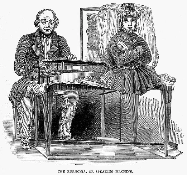 SPEAKING MACHINE, 1846. The Euphonia, or speaking machine, invented by Joseph Faber. Wood engraving, English, 1846
