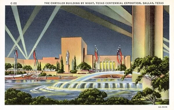 Chrysler Building at Texas Centennial Exposition. ca. 1936, Dallas, Texas, USA, THE CHRYSLER BUILDING BY NIGHT, TEXAS CENTENNIAL EXPOSITION, DALLAS, TEXAS. The Chrysler Building, a permanent structure adjoining the Transportation Building, built at a cost of about $500, 000. Its 35, 000 square feet of space will contain motor car exhibits. Towering pylons will flank each entrance. Concealed flood lights will illuminate the facades of the building at night