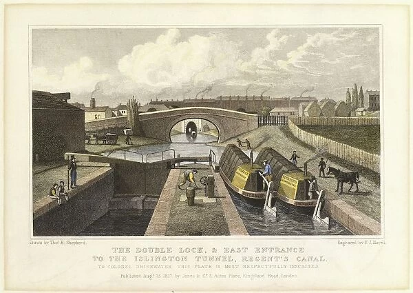 Double lock on the Regents Canal, London showing the east end of the Islington