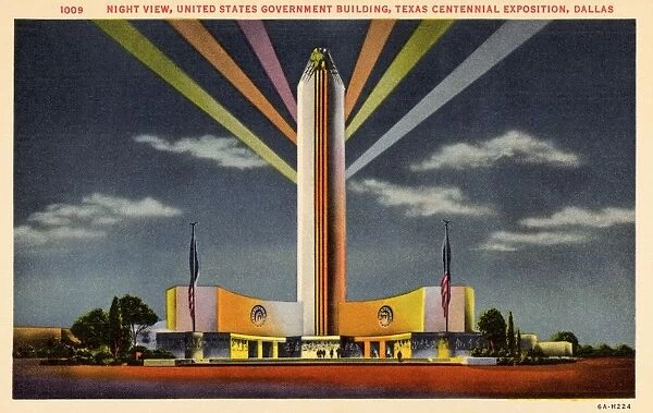 Government Building at Texas Centennial Exposition. ca. 1936, Dallas, Texas, USA, 1009 NIGHT VIEW, UNITED STATES GOVERNMENT BUILDING, TEXAS CENTENNIAL EXPOSITION, DALLAS. The United States Government Exhibit will include The Story of Life, one of the greatest scientific exhibits of the Century, which is being arranged by State and Federal Doctors and Scientists
