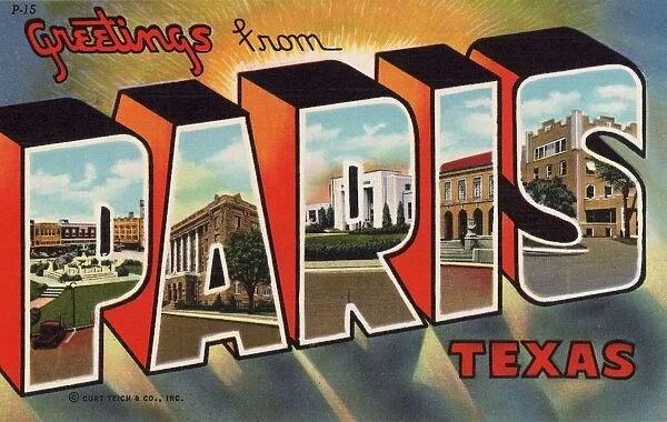 Greeting Card from Paris, Texas. ca. 1943, Paris, Texas, USA, PARIS, TEXAS. P-Plaza Fountain: A-Court House: R-Junior College: I-U. S. Post Office: S-St. Joseph Infirmary. THE NORTH STAR OF TEXAS