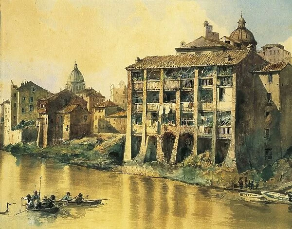 Italy, Rome, Old houses along Tiber River, by Ettore Roesler Franz, Watercolor