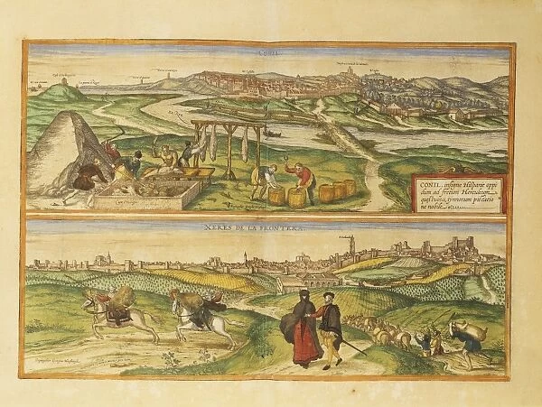 Map of Conil de la Frontera and Jerez de la Frontera from Civitates Orbis Terrarum by Georg Braun, 1541-1622 and Franz Hogenberg, 1540-1590, engraving