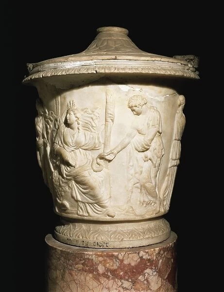 Roman civilization, cinerary urn with relief decoration showing Eleusinian Mysteries from terme di diocleziano (baths of diocletian)