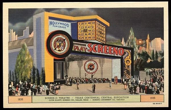 Screen-O Theatre at Exposition. ca. 1936, Texas, USA, 1836, SCREEN-O THEATRE, TEXAS CENTENNIAL CENTRAL EXPOSITION. CLYDE ELLIOTT, SCREENO CO. DALLAS, TEXAS. SCREENO AMUSEMENT CO. CHICAGO, 1936. SCREENO playing to over ten-million people in U. S. Theatres weekly. The greatest movie craze ever to sweep the country. SCREENO was selected by the Texas Centennial Central Exposition as it is a game that is distinctly different-one that cannot be controlled by human hands. It is exciting, entertaining, amusing. SCREENO is also being played on the Boardwalk at Atlantic City. It can be RENTED for Amusement Parks, Clubs, Hotels, Lodges, Bazaars, etc