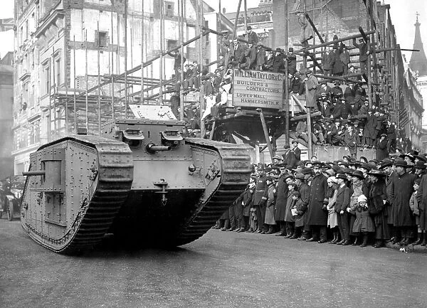 Lord Mayor of Londons Show, 1917. Tank in procession outside a building site in Lower Mall