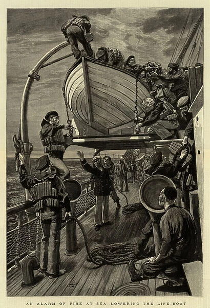 An Alarm of Fire at Sea, lowering the Life-Boat (engraving)