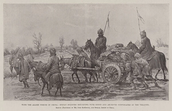 With the Allied Forces in China, Indian Soldiers returning with Goods and Archives confiscated in the Villages (litho)