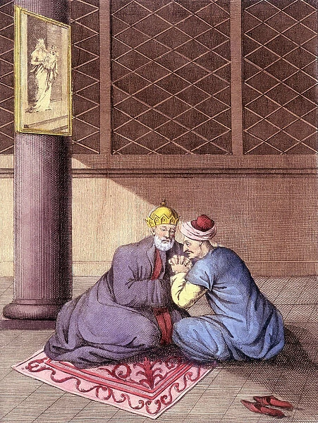 Armenian bishop listening to the confessions of a man