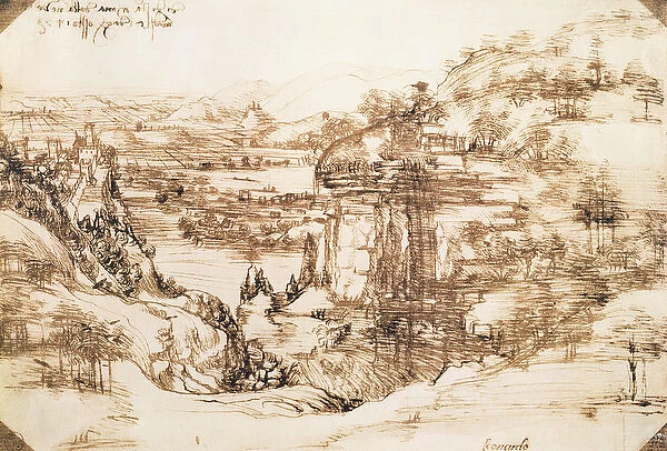 Arno Landscape, 5th August, 1473 (pen and ink on paper)