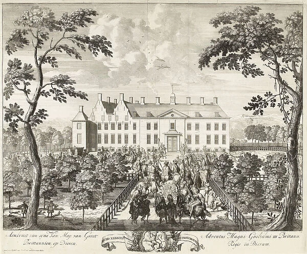 Arrival of William III at the hunting lodge, Hof te Dieren, 1691 (engraving)