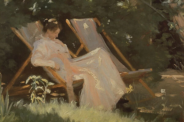 The artists wife sitting in a garden chair at Skagen, 1893