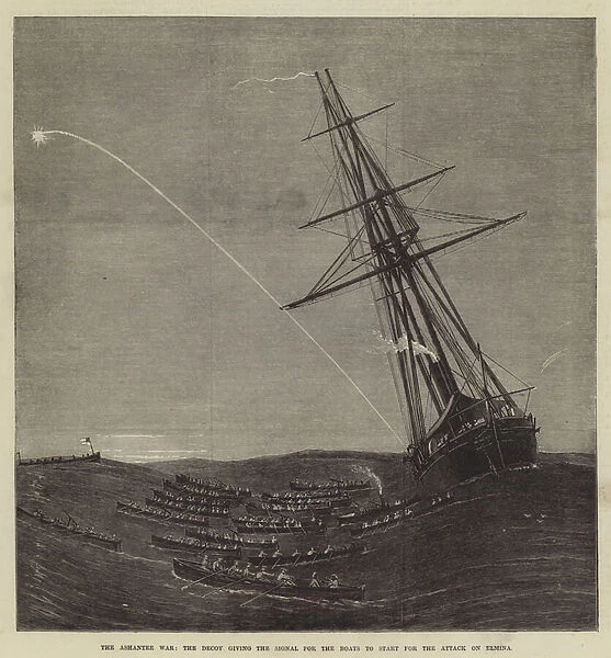 The Ashantee War, the Decoy giving the Signal for the Boats to Start for the Attack on Elmina (engraving)