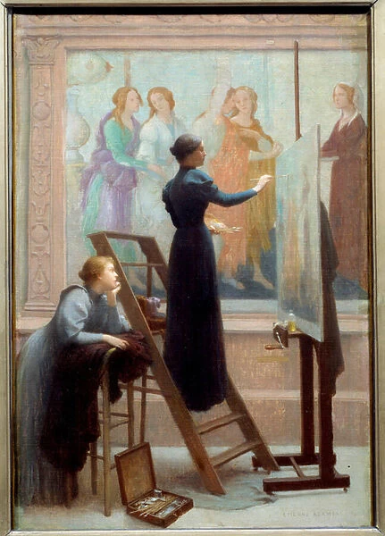 Au Louvre (two women copying the fresco by Botticelli) Painting by Etienne Azambre