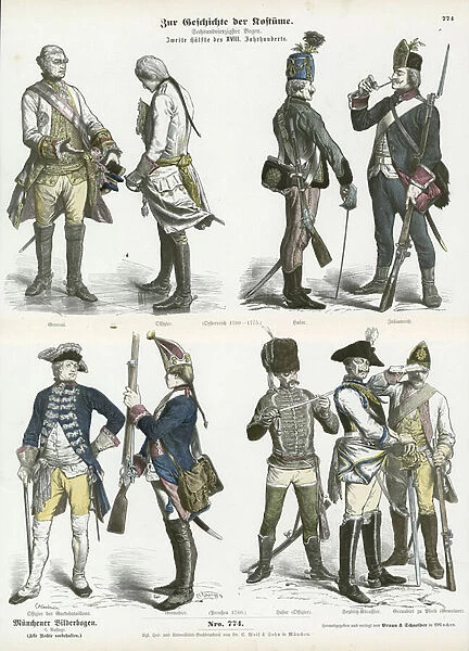 Austrian and Prussian military uniforms, second half of 18th Century (coloured engraving)