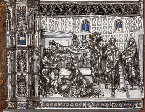 The Birth of Saint John the Baptist, tile from The Silver Altar of Saint Johns Treasure, 1367-1483